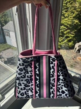 Pink Trim Leopard-Print Tote Bag with Center Stripe
